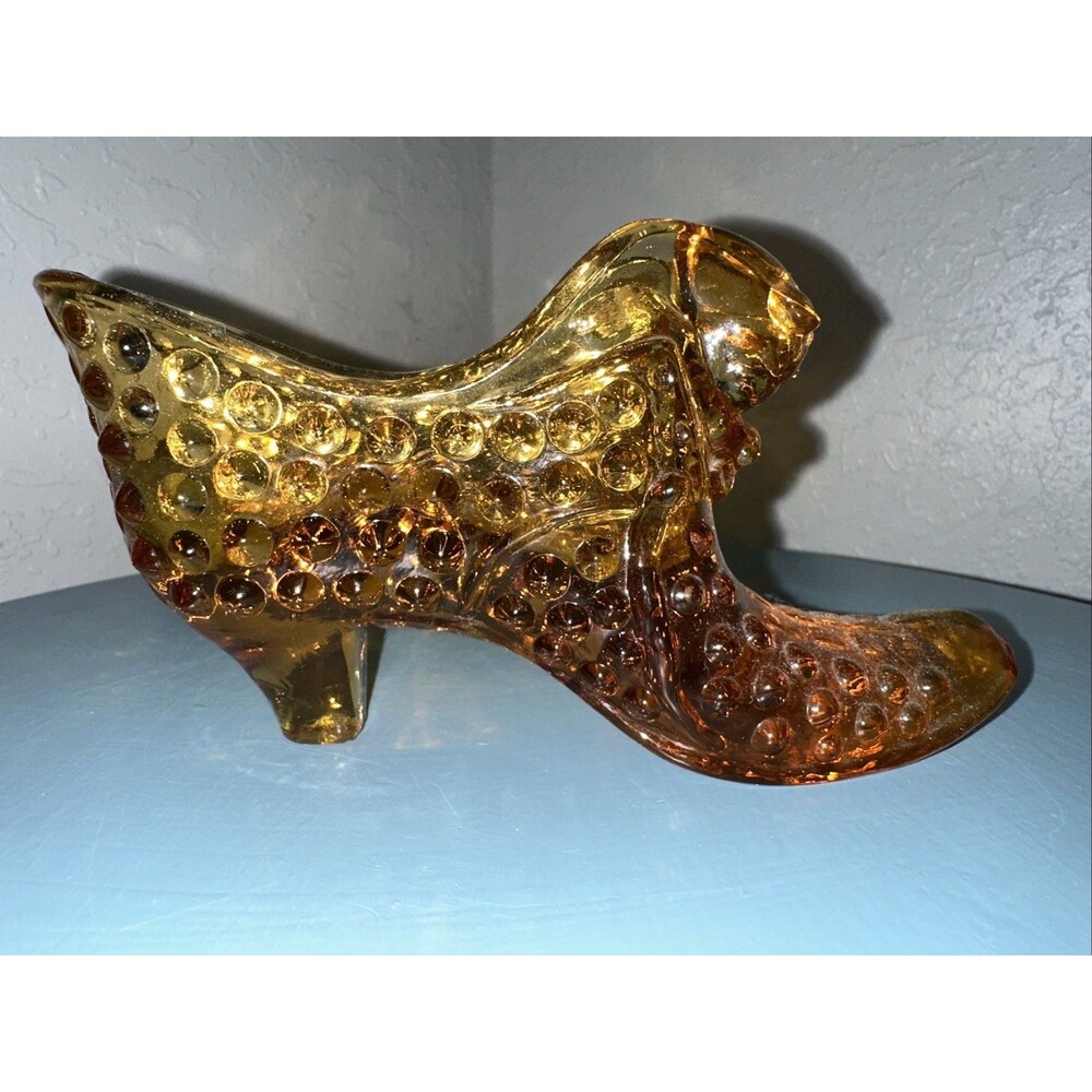 Vintage FENTON Art Glass Amber Hobnail Shoe Slipper with Cat Head 5.5"